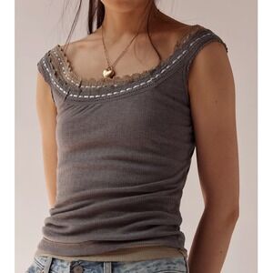 NWT Free People Intimately Only You Gray Ribbed Ribbon Lace Tank Top‎ XS